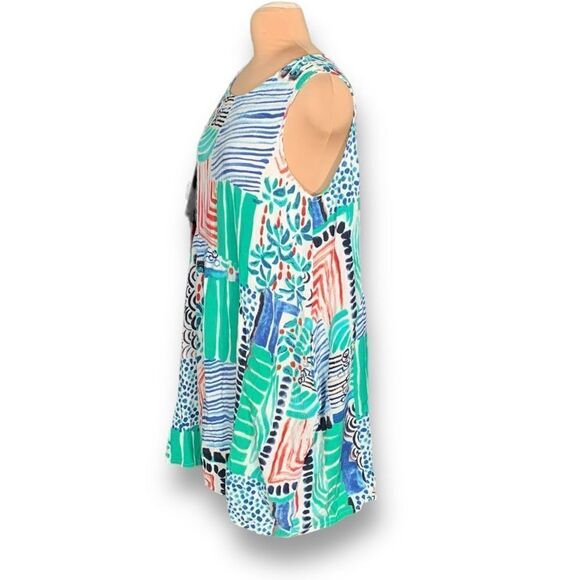 Orientque Alberobello Dress Blue Green Abstract Print Sleeveless Linen Blend - Picture 4 of 12